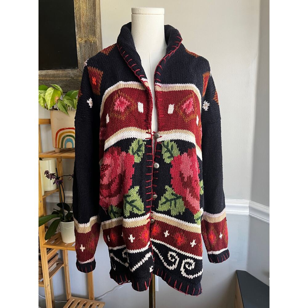 Vintage 90s Cardigan Sweater Rose Floral Southwestern Cotton Size Medium